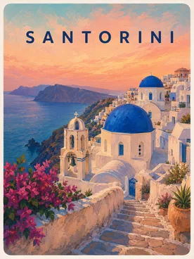 Santorini's blue-domed churches over the caldera.