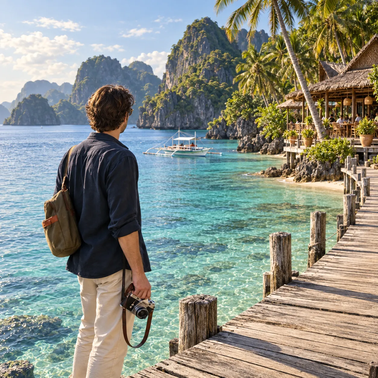 A traveller with a camera looks out over a clear island lagoon from a wooden jetty.
